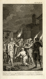 32315 Afbeelding van keizer Karel V die te voet aankomt bij de stadsmuur van Utrecht en de sleutels van de stadpoorten ...